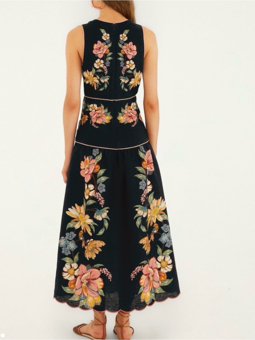 New FARM Rio Deep Indigo Blue Floral Linen Maira Sleeveless Dress Medium. - Picture 3 of 11
